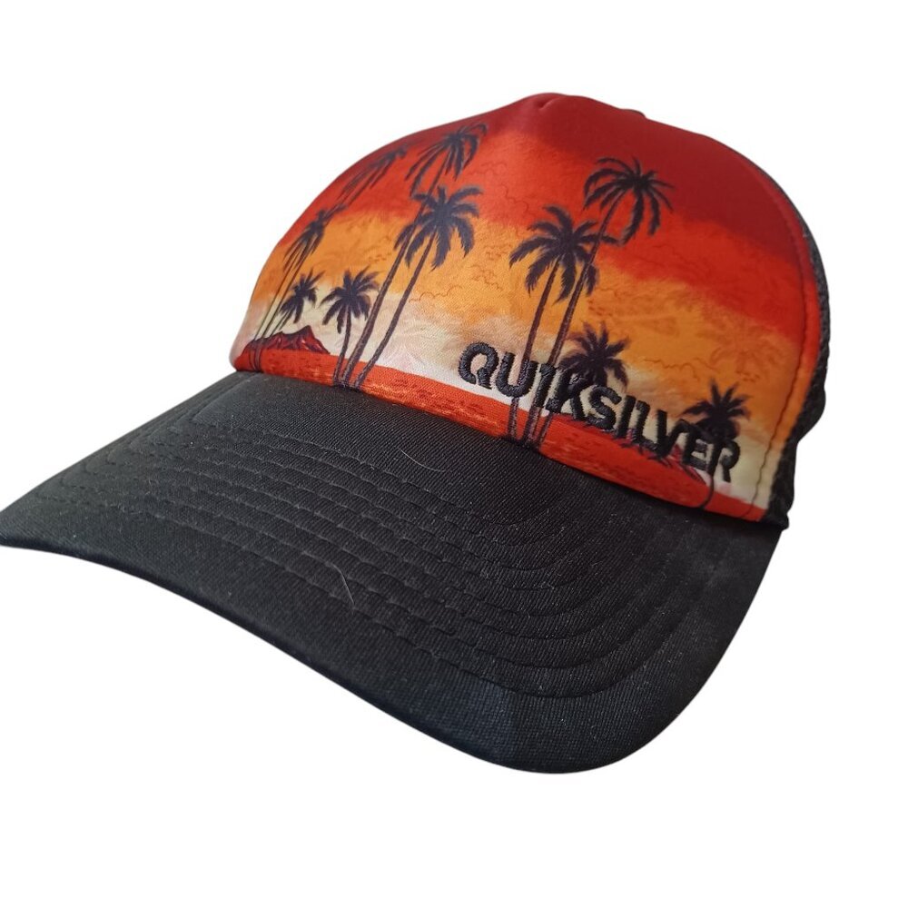 Quicksilver Trucker Hat Cap Snapback Orange Black Sunrise Sunset with Palm Trees